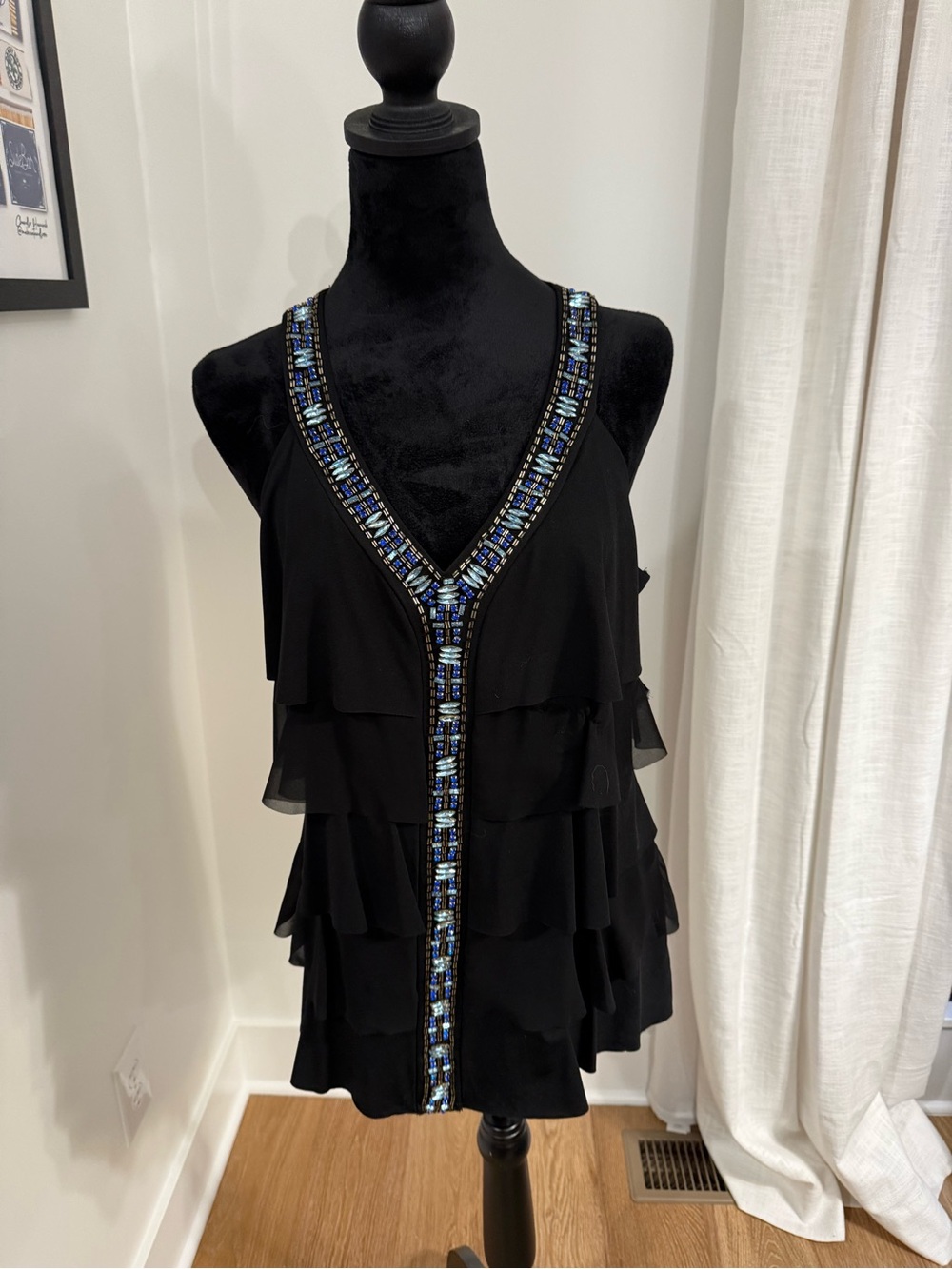 White House Black Market Black Beaded Ruffle Top Size M